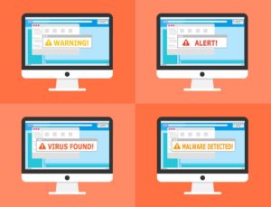 Four screens with different types of software errors and warnings.