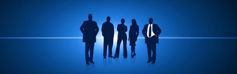 Businessman with unknown affiliates in the blue background.