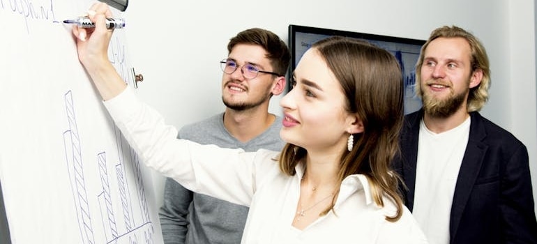 A marketing team drawing a graph after discussing how to increase profit margins for your moving company